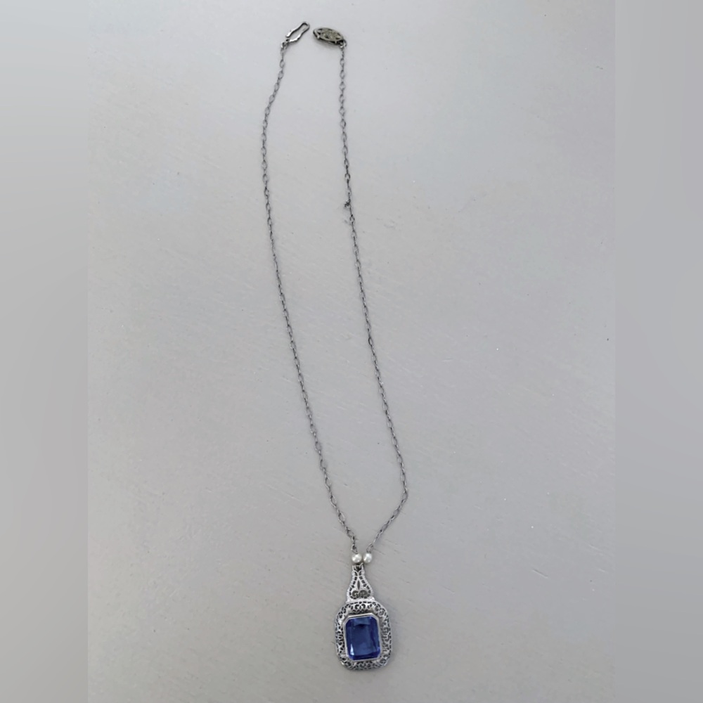 Vintage Filigree Silver Necklace with Blue Gem Pearl Accents